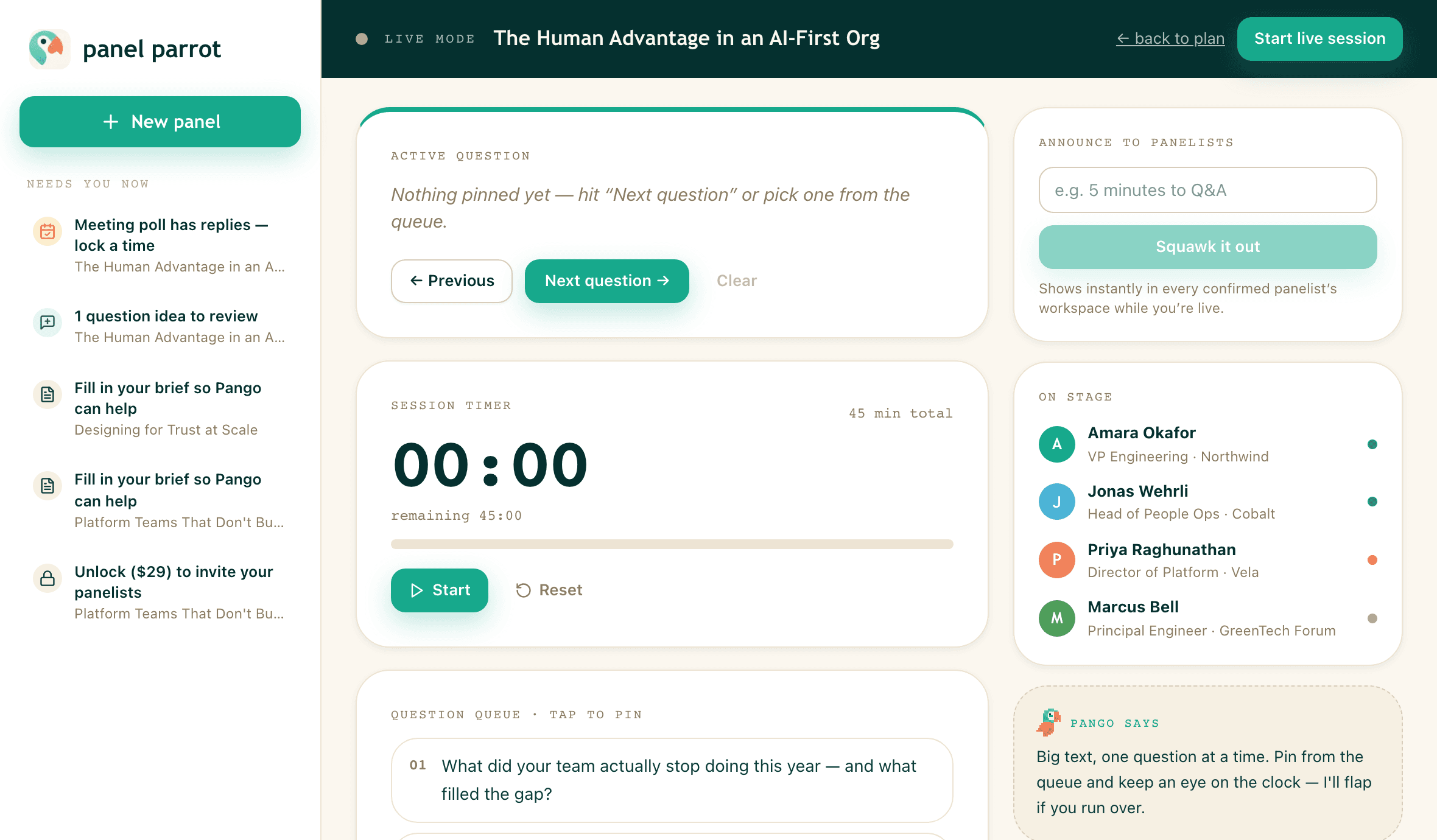 Live mode with active question, session timer, and on-stage roster